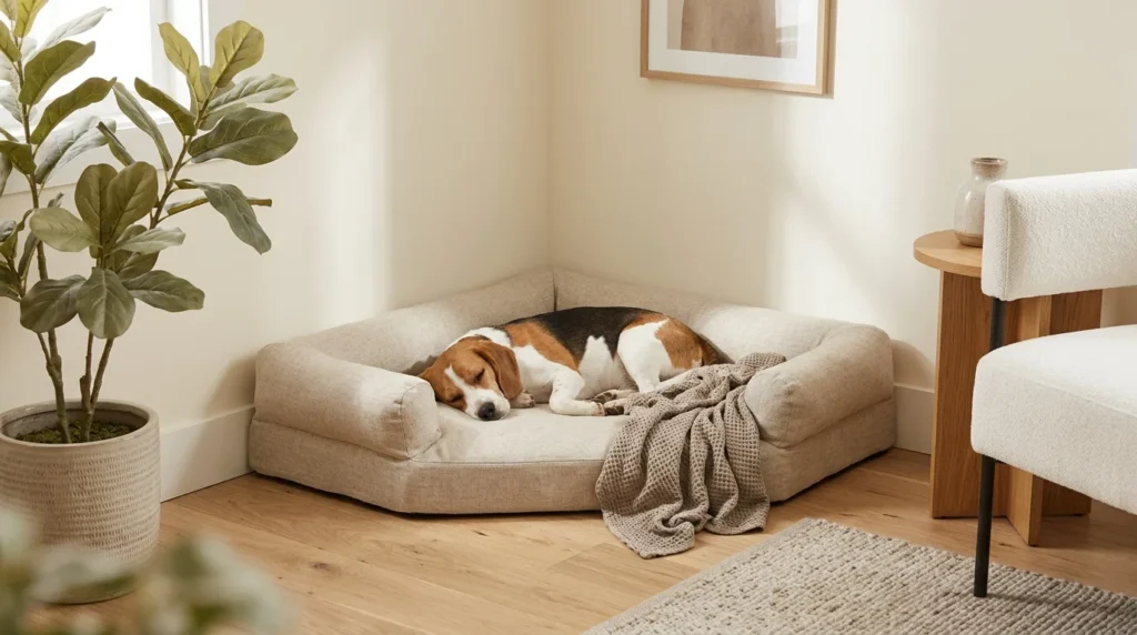 Cozy triangular dog bed tucked into a living room corner