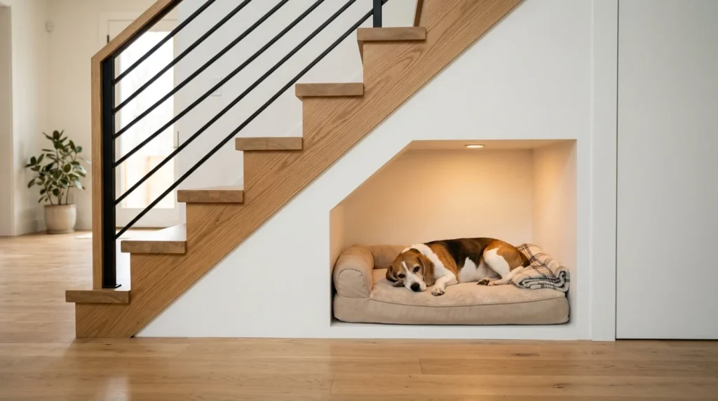 Beagle relaxing in a cozy built-in dog bed nook under wooden stairs