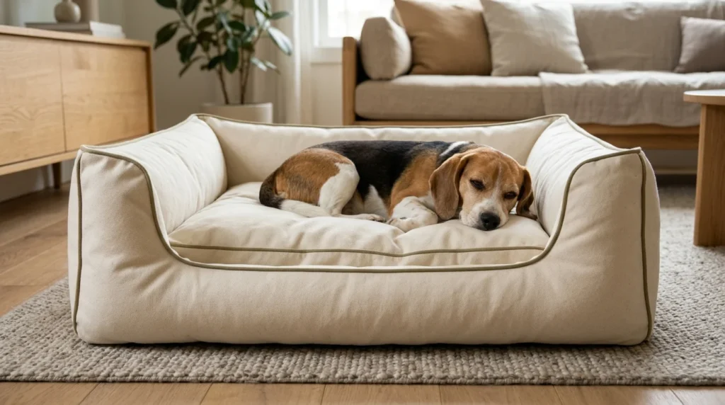 Handmade bolster dog bed with cream canvas fabric and decorative piping
