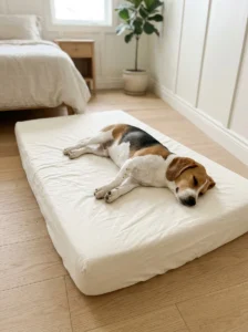 Beagle relaxing on a firm crib mattress converted into a dog bed