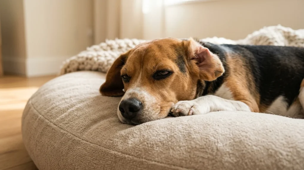 Sleepy beagle with one ear flipped inside out, inspiring cute dog lockscreen ideas.
