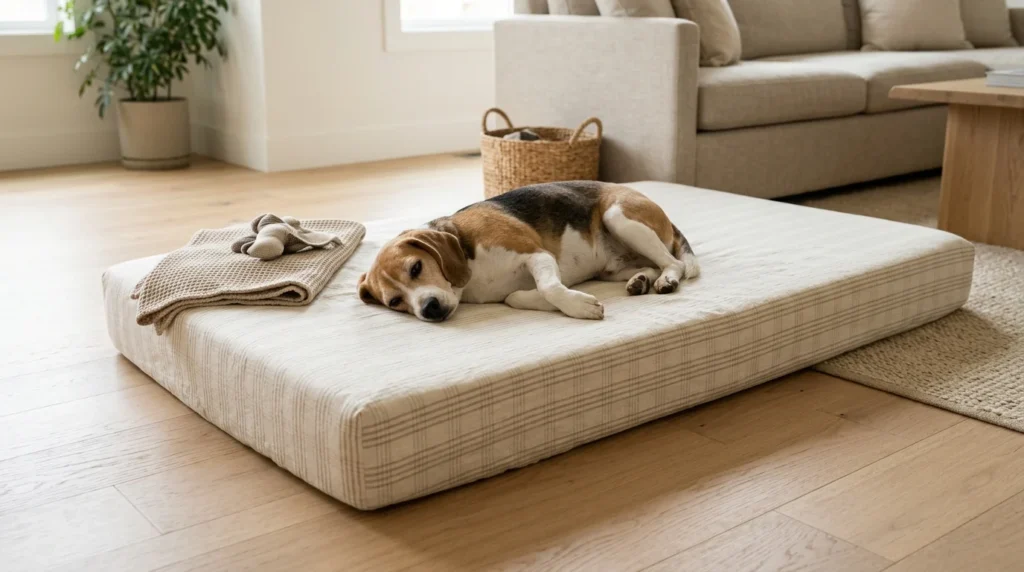 Repurposed crib mattress covered in washable fabric as a dog bed