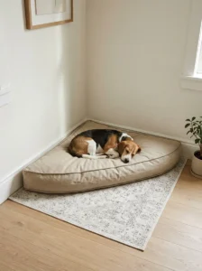 Triangular beige dog cushion fitted into a room corner
Copy prompt