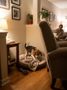 Beagle settling into a familiar dog bed behind an armchair
Copy prompt
