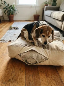 Beagle relaxing on a homemade dog bed with a familiar T-shirt
Copy prompt