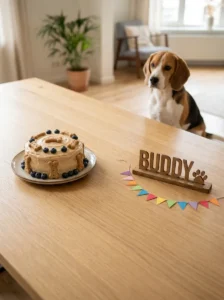 Edible dog cake decorations separated from wooden and paper birthday photo props.