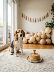 Beagle beside a simple homemade birthday cake topped with a dog biscuit.