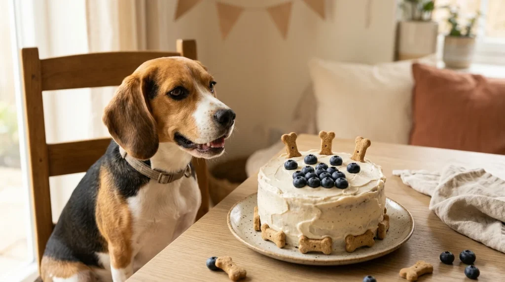 Homemade dog birthday cake decorated with biscuit bones and blueberry paw prints beside a beagle.