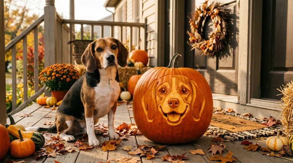 Carved Halloween pumpkin featuring a cute beagle face beside a real beagle on an autumn porch.