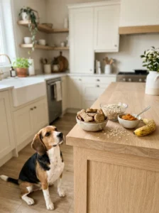 Homemade dog biscuits made with simple ingredients like oats and pumpkin.