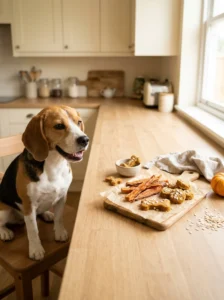 Beagle beside homemade dog chews prepared with sweet potato and pumpkin.
Copy alt text