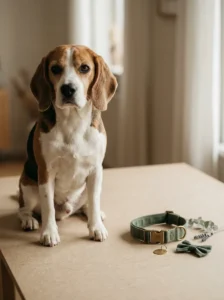 Beagle beside decorative dog collar accessories illustrating dog necklace safety.