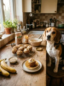 Happy beagle beside homemade pumpkin and banana dog cupcakes ready to serve.