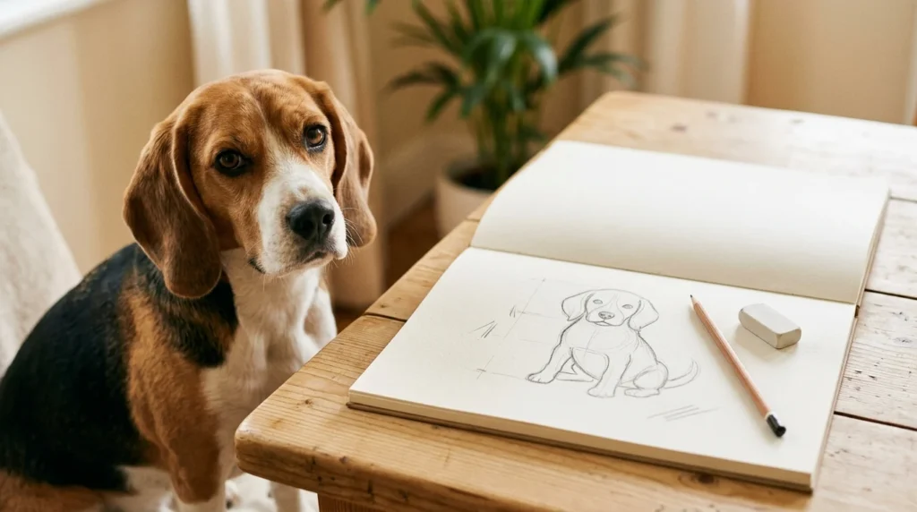 Beagle sitting beside a simple pencil drawing of a dog in an open sketchbook.