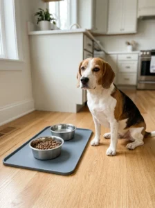Beagle beside separate food and water bowls on a washable feeding mat.