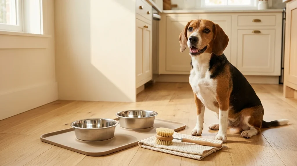 Beagle beside clean stainless steel food and water bowls on a non-slip feeding mat.