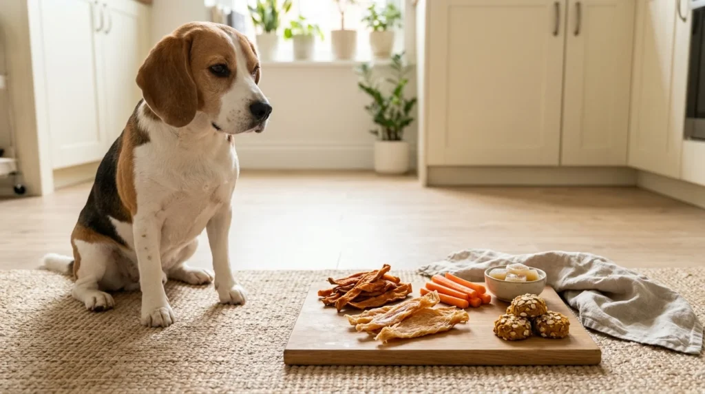 Homemade dog chews made with sweet potato, chicken, carrots, and pumpkin.