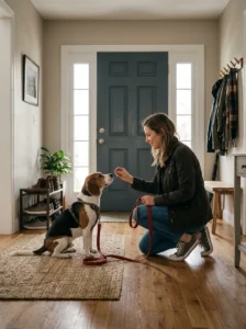 Beagle sitting calmly by the front door before its leash is clipped on.