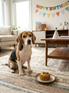 Beagle beside a dog-safe birthday treat cake with party props kept safely out of reach.