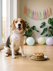 Beagle in a birthday bandana ready for a fun dog birthday photoshoot.