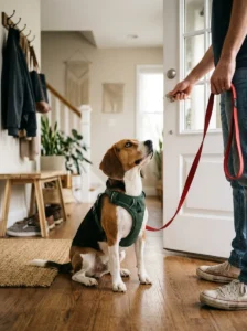 Alert beagle ready for a morning walk before a dog photography session.