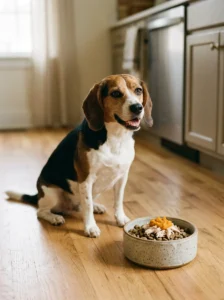 Beagle beside kibble topped with plain chicken and pumpkin puree.