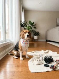 Beagle beside a window with a blanket and props prepared for a birthday photoshoot.