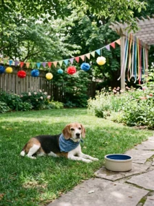 Beagle resting in a shaded photoshoot area with fresh water and birthday props kept safely away.