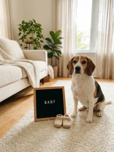 Beagle sitting beside newborn baby shoes and a pregnancy announcement prop.