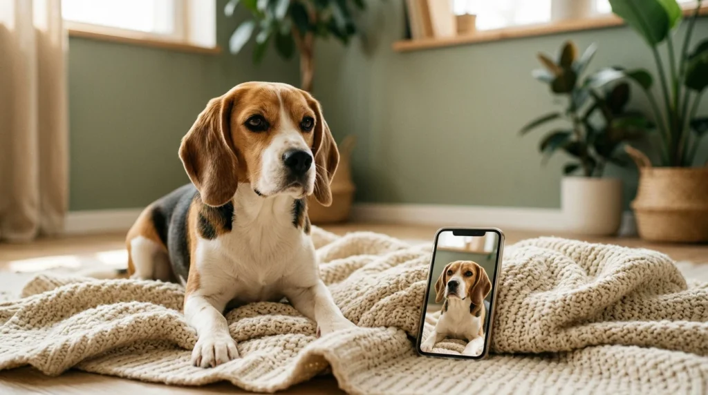 Cute beagle beside a smartphone displaying a dog photo wallpaper.