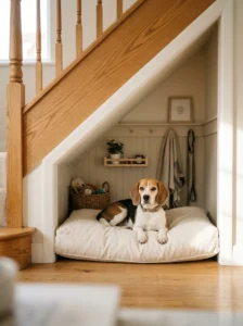 Beagle relaxing on a cream cushion in a cozy under-stairs dog nook
