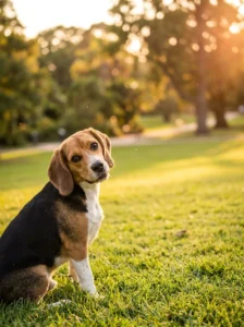 Adorable beagle sitting with a curious head tilt during a dog photography session.