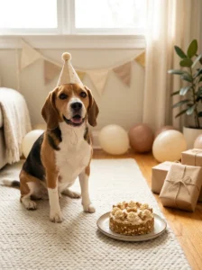 Happy beagle in a birthday hat ready for a fun dog birthday caption.
