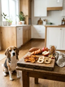 Beagle beside homemade single-ingredient dehydrated dog treats made from sweet potato and apple.