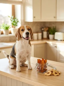 Beagle beside a jar of homemade dehydrated sweet potato and apple treats.