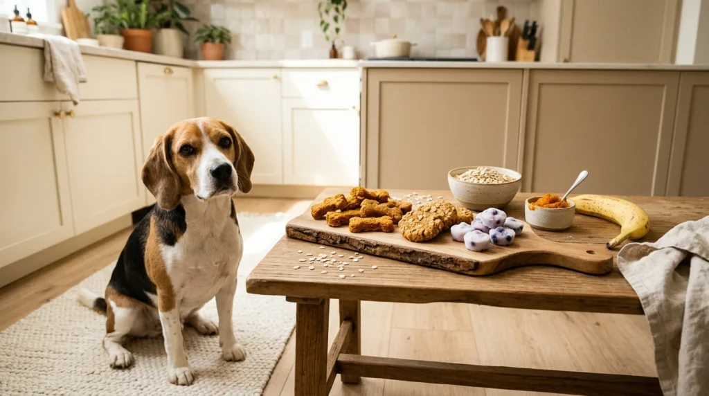 Homemade two-ingredient dog treats with pumpkin oat biscuits and banana cookies beside a beagle.