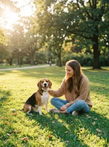 Happy beagle posing beside its owner in a sunny park.