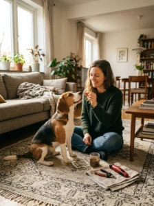 Happy beagle receiving a treat after a gentle dog nail-trimming session