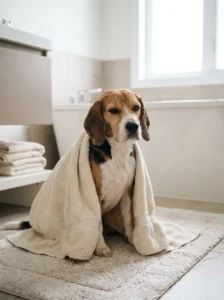 Clean beagle wrapped in a fluffy towel after bath time.