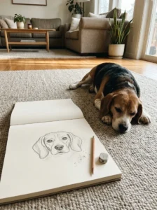 Finished beginner pencil drawing of a beagle beside the real dog.