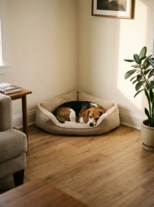 Relaxed beagle curled up in a cozy corner dog bed
Copy prompt