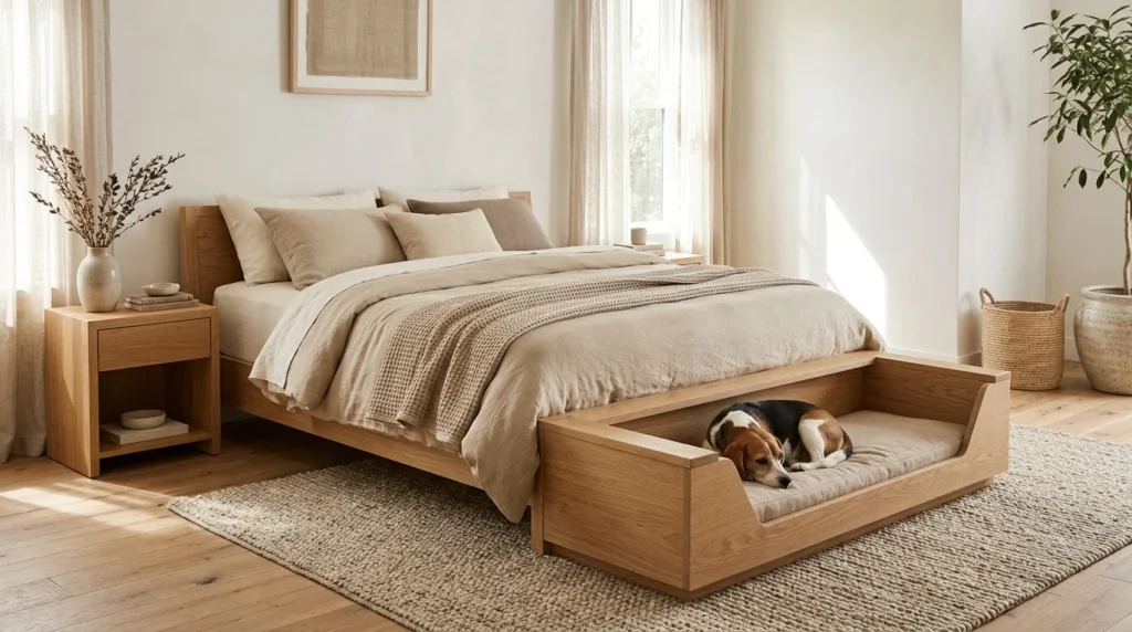 Modern bed with dog bed attached to the wooden footboard