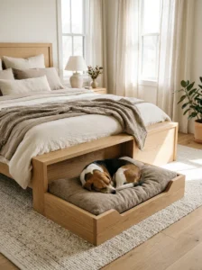 Beagle relaxing in a cozy dog bed attached to a bedroom frame