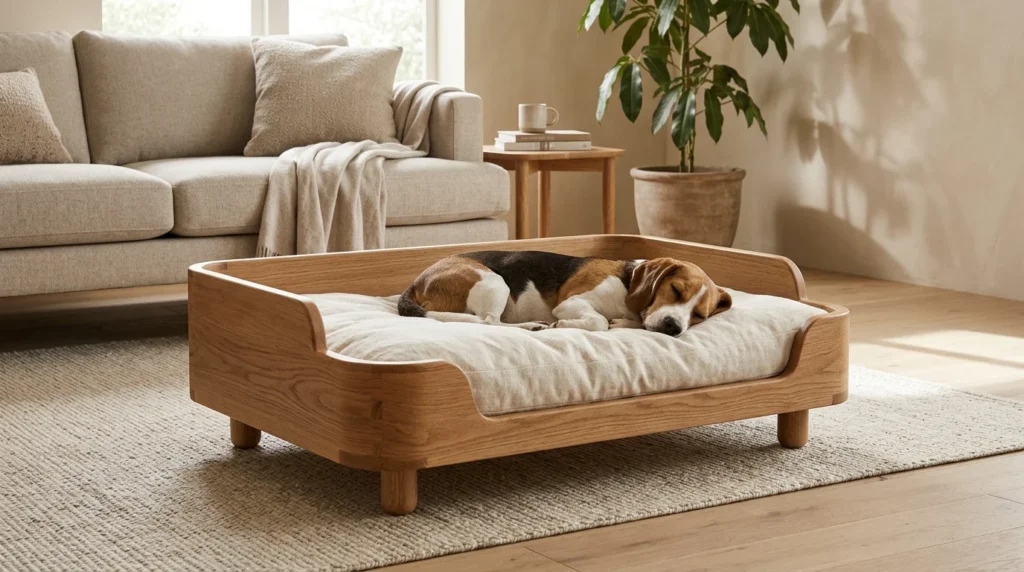 Sturdy wooden dog bed with a thick cream cushion in a neutral living room