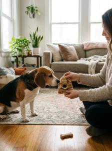 Beagle calmly sniffing a soft dog hat before trying it on.