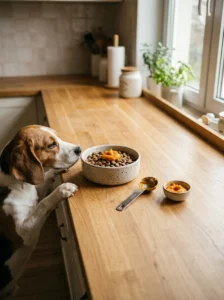 Beagle sniffing dry kibble topped with a small spoonful of plain pumpkin puree.