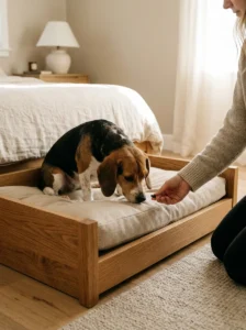 Introducing a beagle to a new attached dog bed with a treat