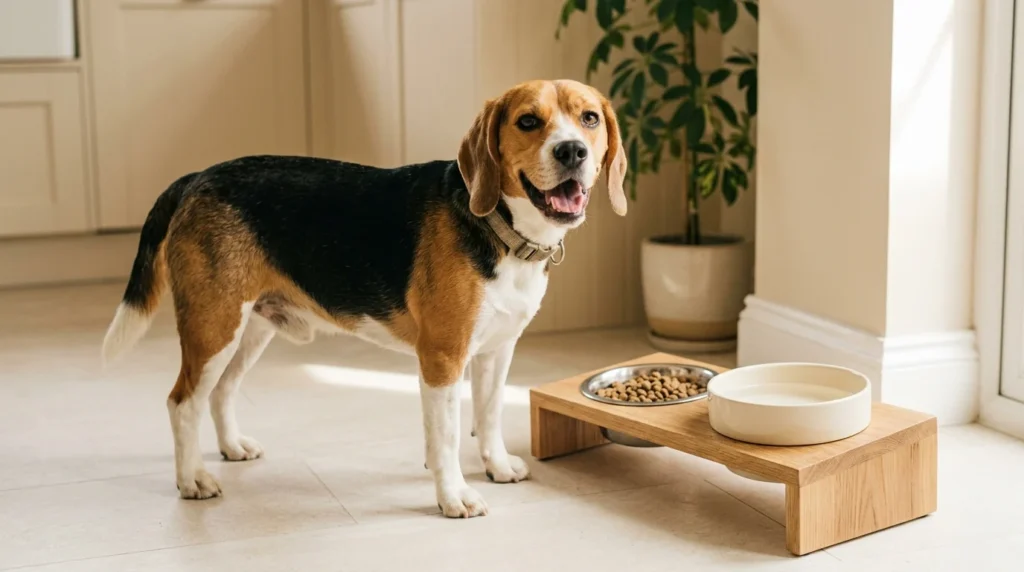 Beagle beside stainless steel and ceramic dog bowls in a modern kitchen feeding station.