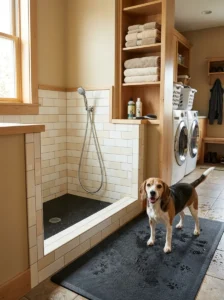 Clean beagle beside a finished home dog washing station with towels and supplies.