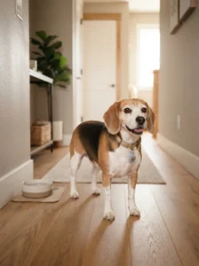 Beagle wearing a quiet silicone-wrapped dog tag at home